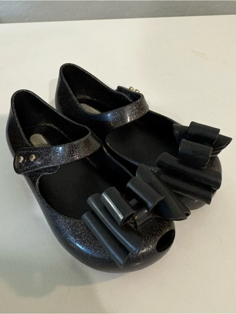 Mini Melissa ultragirl black and silver glitter bow top shoes size 8